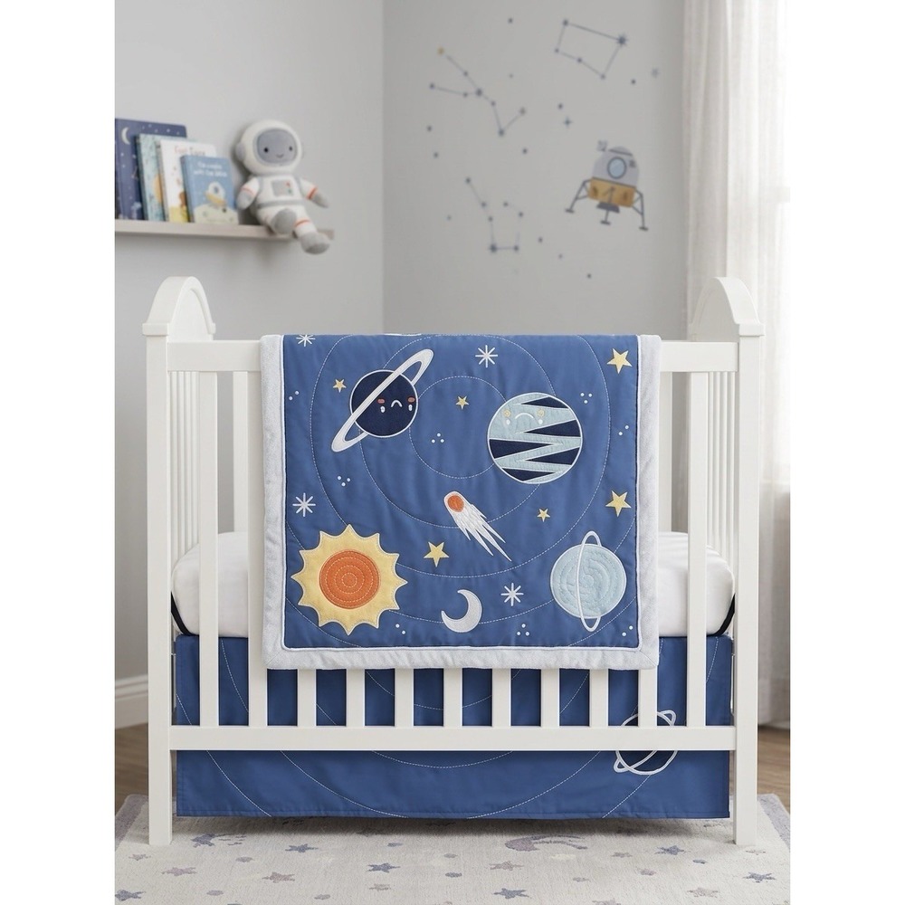 Lambs & Ivy Milky Way Outer Space Crib Blanket & Skirt - Blue, Gray, White
